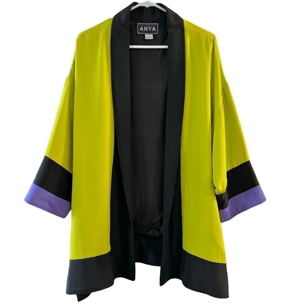 Anya 100% Silk Kimono Open Cardigan Jacket Colorblock Lagenlook Size Large